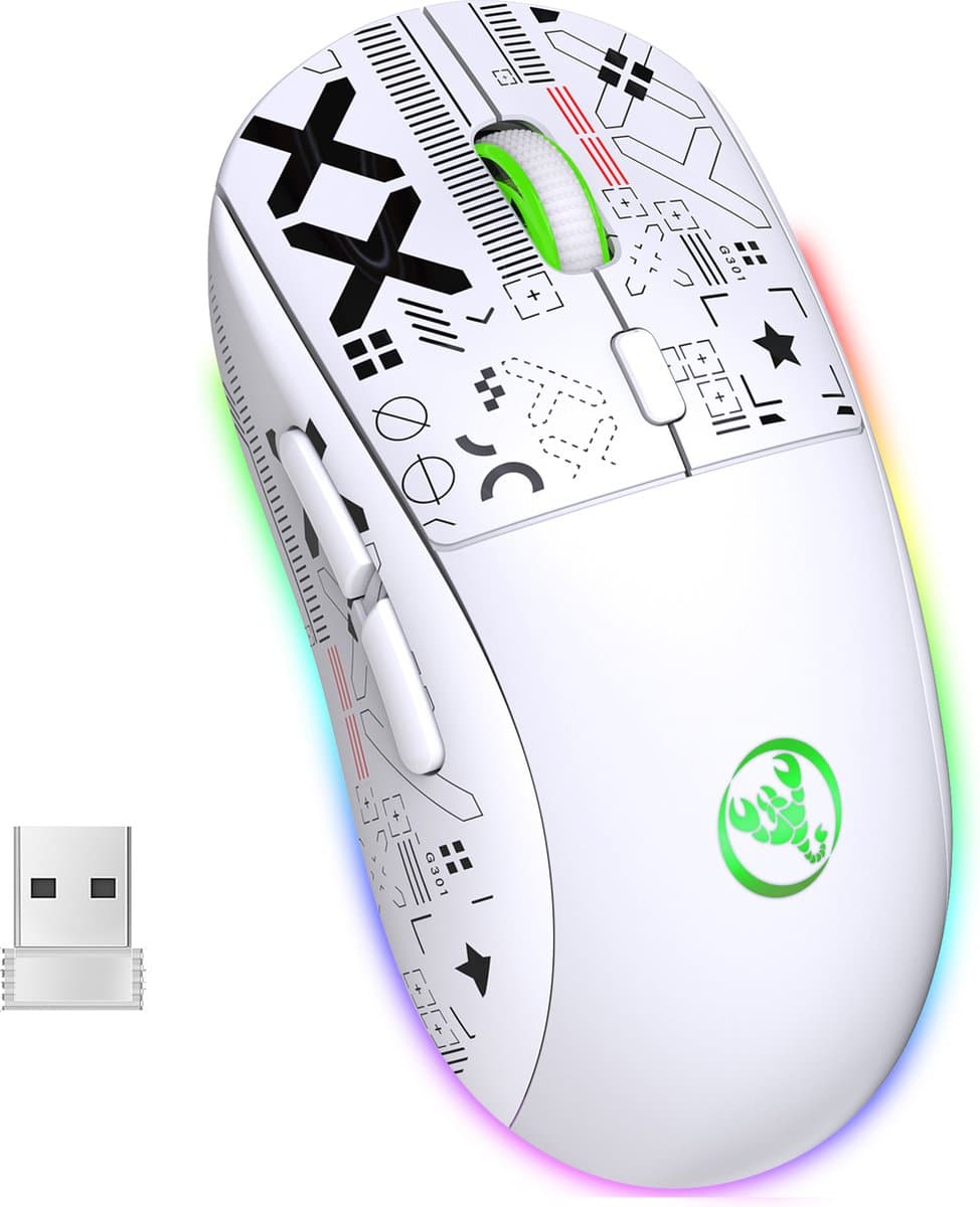HXSJ T90 2.4G Stille Draadloze Gaming Muis - Bluetooth - Computermuizen - Ultra licht - RGB Verlichting - Wit — afbeelding 1