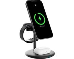 Chéroy PowerTrio 3-in-1 Draadloze Oplader - 15W Qi Oplaadstation - Geschikt voor MagSafe, Apple Watch - Smartphone & Oortjes - Zwart