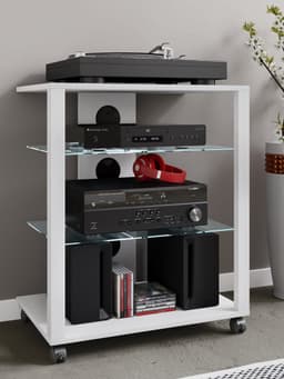 VCM hifi-kasten, platenspelerkast, stereokast, hifi-rekken, routerstandaard, hifi-rekken en -standaards, witte platenspelerstandaard, draaitafelstandaard met opbergruimte voor vinylplaten, platenspelermeubel, glazen tv-meubel, mediameubel — thumbnail 3