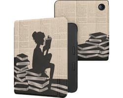 kwmobile e-reader hoesje geschikt voor Tolino Vision 6 hoes - E reader flip case met magnetische sluiting - Ereader cover - Meisje met boeken design in zwart / beige