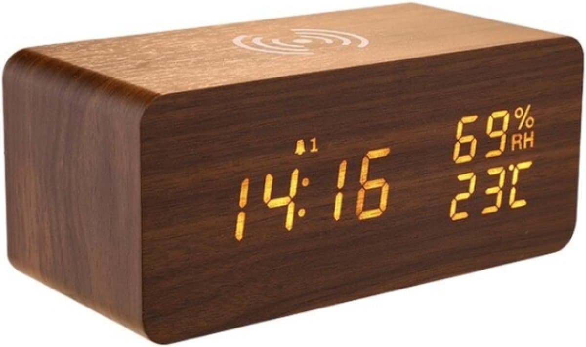 Houten Digitale Wekker - Wekkerradio - Draadloos Oplader iPhone - Wekker - Hout - Reiswekker - Draadloos opladen - Weerstation Binnen - Walnootkleur — afbeelding 1