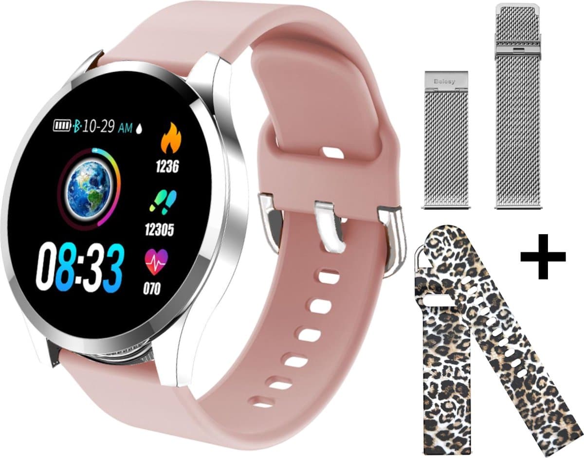Belesy® BQSiZiPk - Smartwatch Dames - Smartwatch Heren - Horloge - Stappenteller - 1.3 inch - Kleurenscherm - 10x Sporten - INDOOR en OUTDOOR - Zilver - Siliconen - Roze - extra polsband Panterprint en Milanees staal zilver - Moederdag — afbeelding 1