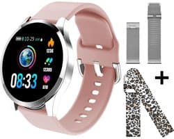 Belesy® BQSiZiPk - Smartwatch Dames - Smartwatch Heren - Horloge - Stappenteller - 1.3 inch - Kleurenscherm - 10x Sporten - INDOOR en OUTDOOR - Zilver - Siliconen - Roze - extra polsband Panterprint en Milanees staal zilver - Moederdag