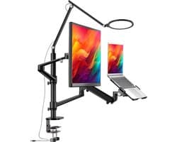 LEVANTU® Monitor arm voor laptop scherm met 7" LED RINGLAMP – Monitorbeugel Gasveer geschikt voor 2 schermen – Monitor Standaard – Laptop Standaard – Verstelbaar– Laptop Arm - Zwart