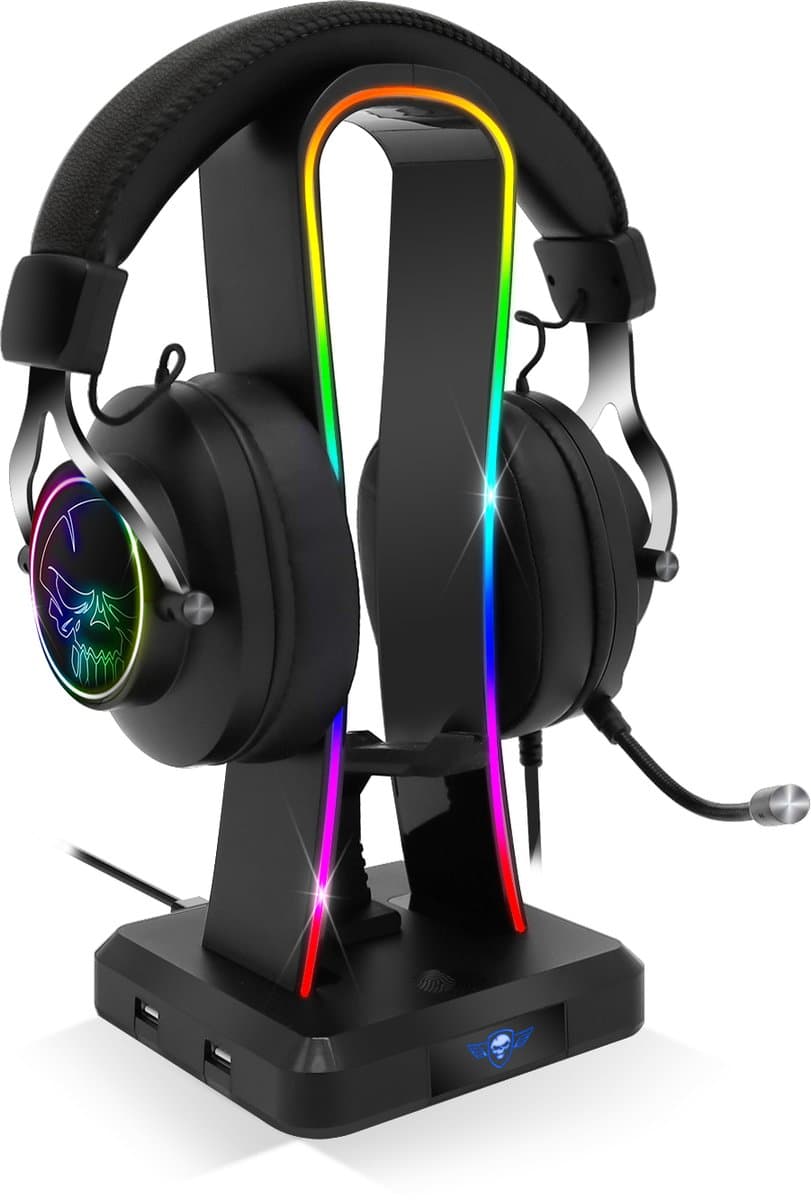 Spirit of Gamer Headset Stand – Headphone Stand – Headset Houder – LED – 4 USB-Poorten – Zwart — afbeelding 1