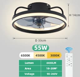 Lichtendirect- Plafondventilator met verlichting- 34 CM- Smart Lamp - 6 Standen Ventilator – Plafonniere Keuken Lamp - Woonkamerlamp - Dimbaar met afstandsbediening- APP functie- Zwart — thumbnail 5