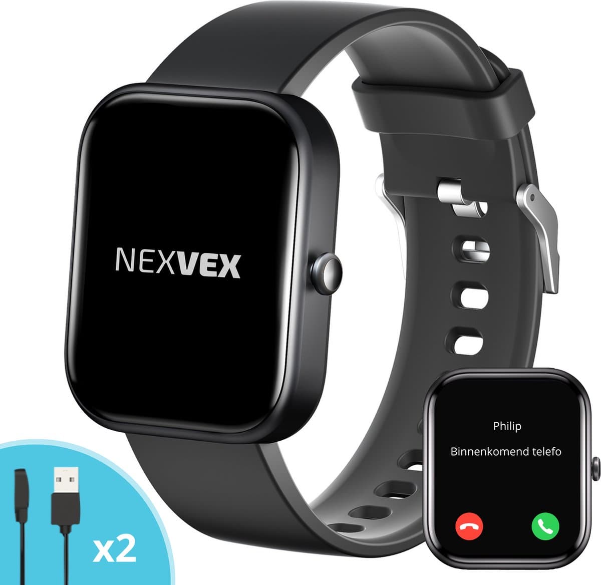 Nexvex® Deluxe Smartwatch voor Dames en Heren - Sporthorloge met Hartslagmeter - Bloeddrukmeter - Stappenteller - Sport Horloge met Belfunctie - Smart Watch Saturatiemeter - Zaklamp - Bluetooth Activity Tracker - Android/iOS - 2.0 Inch - Zwart — afbeelding 1