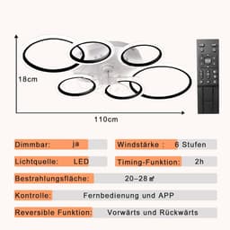 LuxiLamps - 6 Ringen LED Plafondventilator - Zwart - 6 Snelheden - Smart lamp - Dimbaar Met Afstandsbediening & APP - Moderne Cirkel Ventilator Licht - Kroonluchter Ventilator — thumbnail 5
