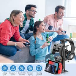 StayPowered Headset Stand & Controller Houder - Compact en Stijlvol voor Georganiseerde Gaming Setup - Stevige Aluminium Staaf - Metalen Basis voor Stabiliteit - Antislip Siliconen Voet - Zwart - Levering Sneller dan Aangegeven! — thumbnail 4