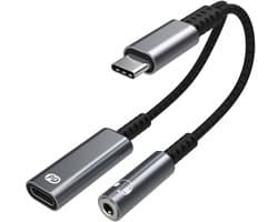 USB-C (type-c) Male naar 3.5MM jack AUX Female + USB-C female - koptelefoon speaker headset adapter kabel - 30W - geschikt voor o.a. telefoon en laptop - grijs