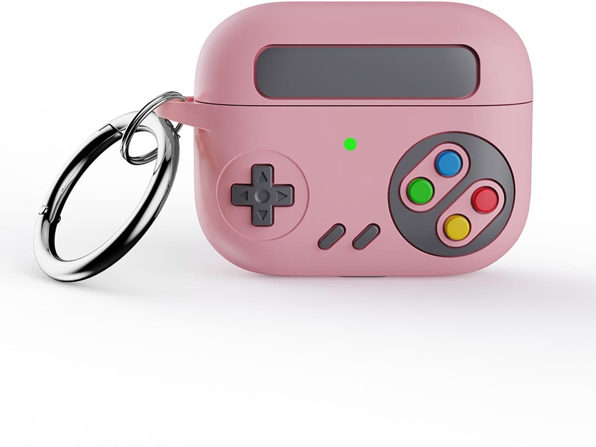 Retro Controller Siliconen Hoesje voor Apple AirPods Pro en Pro 2 – Schokabsorberende Beschermhoes met Clip – Val- en Krasbestendig – Draadloos Opladen – Perfecte Silicone Pasvorm – Retro Gaming Design – Roze — afbeelding 1