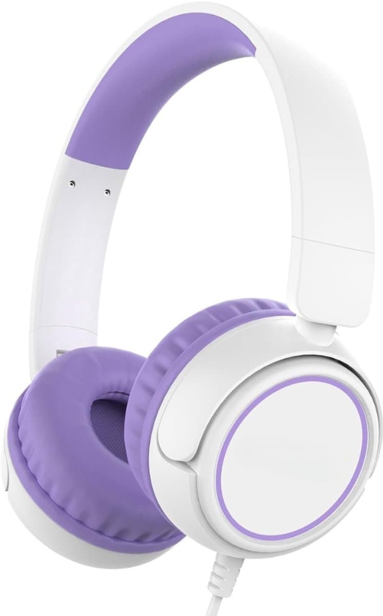 StayPowered Koptelefoon - Veilig & Comfortabel voor Kinderen - 85dB Geluidslimiet - Zacht Memory-Schuim - Ergonomisch Ontwerp - Opvouwbaar & Duurzaam - Verstrengelvrij Kabel - Universele Compatibiliteit - Wit/Paars - Levering Sneller dan Aangegeven! — afbeelding 1