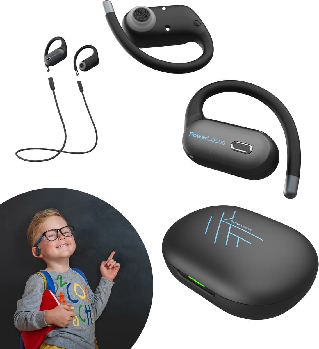 PowerLocus Jumpy - Open-Ear Koptelefoon voor Kinderen - Draadloze Oordopjes - met 85dB Volumebegrenzing - Bluetooth 5.3 - Draadloze oortjes - Waterproof Sport Oortjes - Universeel - Zwart/Blauw — afbeelding 1