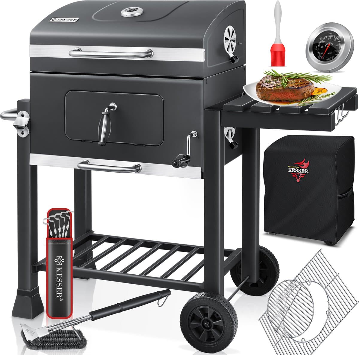 KESSER® Houtskoolbarbecue XL Barbeque Houtskool met Deksel, Wielen, Afdekkap, Roestvrij Stalen Handvat, Barbecuerooster en Thermometer, 8 Spiesen met Zakje & siliconen Borstel, grote BBQ Camping Terras Tuin — afbeelding 1