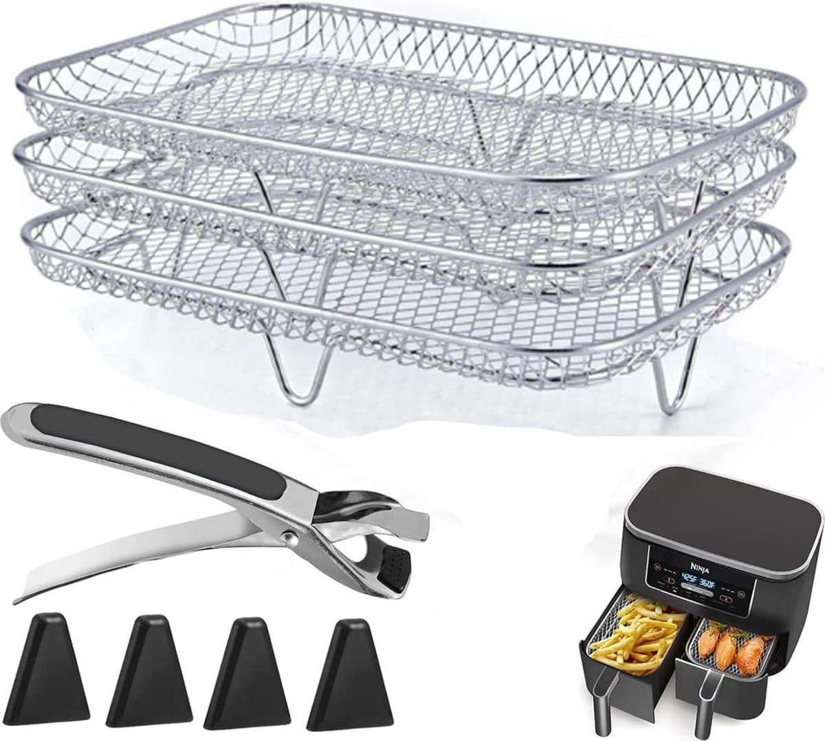 Set van 8 stuks - Airfryerrek - RVS rooster - Rechthoekige Airfryermandlade - Met clips en vier verhoogde pootjes - Voor Airfryers met dubbele manden - Gemakkelijk schoon te maken en te onderhouden — afbeelding 1