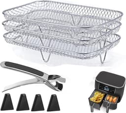 Set van 8 stuks - Airfryerrek - RVS rooster - Rechthoekige Airfryermandlade - Met clips en vier verhoogde pootjes - Voor Airfryers met dubbele manden - Gemakkelijk schoon te maken en te onderhouden — thumbnail 1