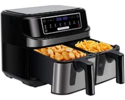 Mygroot - Hete luchtfriteuse - Dubbele kamer 9 liter - XXL-luchtfriteuse - 2 onafhankelijke lades van 4,5 liter - 8 automatische programma's met LED-touchscreen