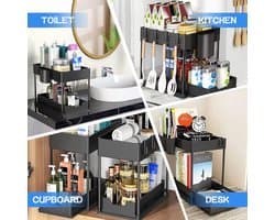 Opslag onder de gootsteen, keuken, 2 niveaus, 2 stuks, rek met 8 haken en 4 hangende wastafels, lade-organizer