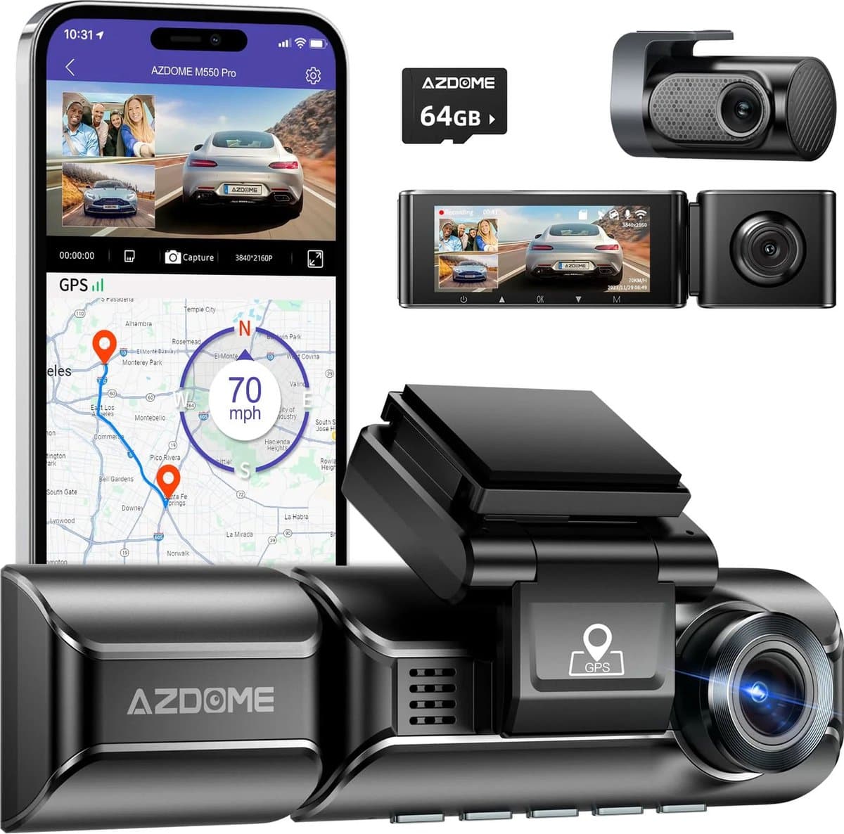 AZDome M550 Pro 3CH 4K Wifi GPS 64gb dashcam voor auto — afbeelding 1