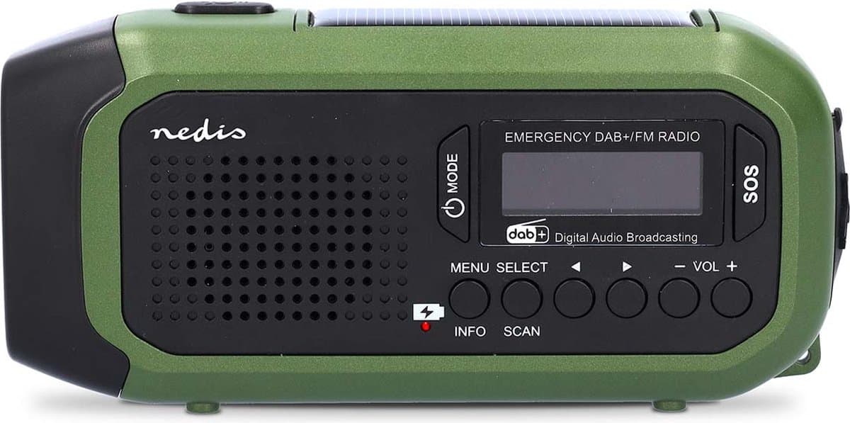 Nedis Noodradio - Draagbaar Model - DAB+ / FM - Batterij Gevoed / Handslinger / Solar Powered / USB Gevoed - Wekkerfunctie - Groen / Zwart — afbeelding 1