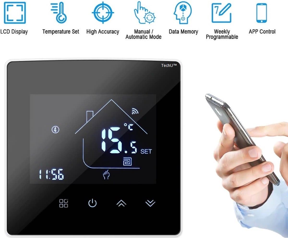 TechU™ Slimme Thermostaat Max – Alleen voor Elektrische Vloerverwarming – Wifi & App – Google Assistant & Alexa Amazon – Zwart met witte rand — afbeelding 1
