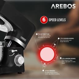 AREBOS Keukenmachine - 1500W - Keukenrobot - 5,5L&4,5L - Keukenmixer - Foodprocessor - Roestvrij Stalen Mengkom - 6 Snelheden - Zwart — thumbnail 5