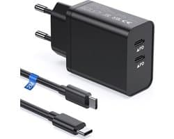 Phreeze Snelle Dubbele USB-C Oplader + 2 Meter Gevlochten Kabel - 35W GaN Technologie - Geschikt voor A54, S24, S23, S22, S21, Tablet A7,A8,A9 Plus (2020,2021,2022,2023,2024) en meer - Zwart