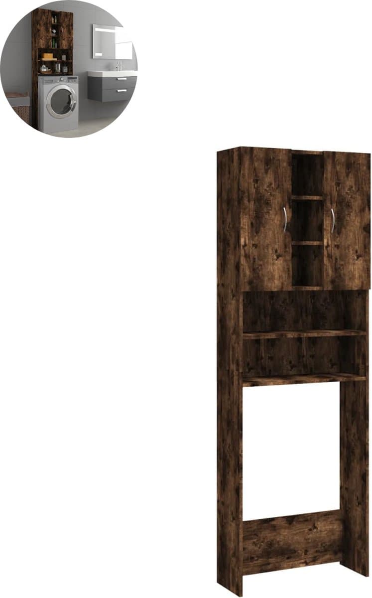 Wasmachine ombouw - Kast - Opbouwmeubel - Verhoger - Wasmachine meubel - Opbergkast - Hout - 64x25,5x190 cm - Gerookt Eiken — afbeelding 1