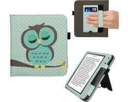 kwmobile e-reader hoesje geschikt voor Kobo Libra Colour hoes - E reader flip case van kunstleer - Ereader cover met stand - Slapende Uil design in turquoise / bruin / mintgroen