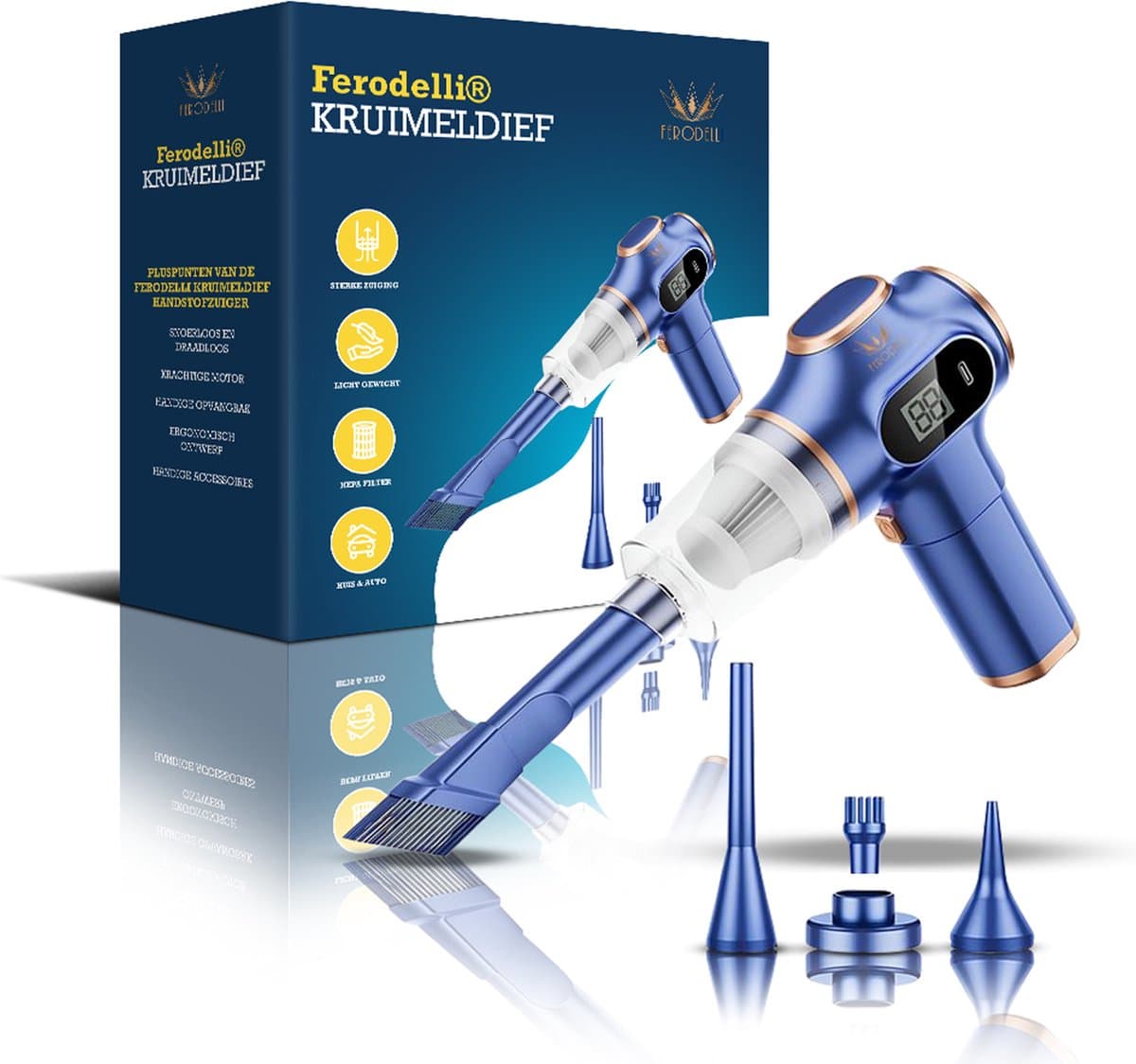 Ferodelli Kruimeldief - Handstofzuiger - Snoerloos - Auto Stofzuiger - Caravan - Car Vacuum Cleaner - Best Verkocht - Draadloos - Blauw — afbeelding 1