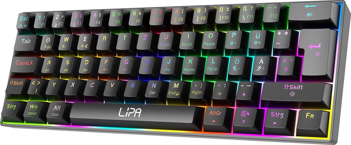 Lipa X23 Gaming keyboard Zwart - Draadloos - RGB verlichting - Tri-Mode - 61 Mechanische toetsen - FN multitoetsen - Compatibel met alle besturingen en consoles - Brown Switches - Ergonomisch en duurzaam — afbeelding 1