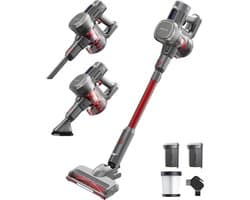 Auronic Steelstofzuiger Draadloos 220W - Draadloze Stofzuiger - HEPA Filter - Zelfstaand - Extra Accu - Op Accu - Zonder Zak - Kruimeldief - Vacuum Cleaner - Grijs/Rood