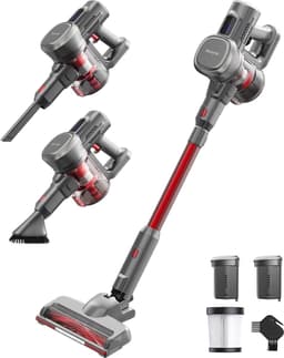 Auronic Steelstofzuiger Draadloos 220W - Draadloze Stofzuiger - HEPA Filter - Zelfstaand - Extra Accu - Op Accu - Zonder Zak - Kruimeldief - Vacuum Cleaner - Grijs/Rood — thumbnail 1