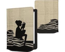 kwmobile e-reader hoesje geschikt voor Pocketbook Verse / Verse Lite / Verse Pro / Color / Vivlio Light/Light HD hoes - E reader flip case met magneetsluiting - Ereader cover - Meisje met boeken design in zwart / beige