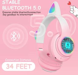 Bluetooth Hoofdtelefoon voor Kinderen met Kattenoren - Draadloos en Bedraad, HD Stereo Geluid, 10 uur Speeltijd, Veiligheidsvolumebegrenzing — thumbnail 2