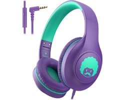 StayPowered Kinder Koptelefoon - Comfortabel en Duurzaam Ontwerp - HD Microfoon - Opvouwbaar Ontwerp - Rijke Stereo Bass - Verwikkelingvrij Nylon Kabel - Verstelbare Pasvorm - Universele 3,5 mm Jack - Paars/Groen - Levering Sneller dan Aangegeven!