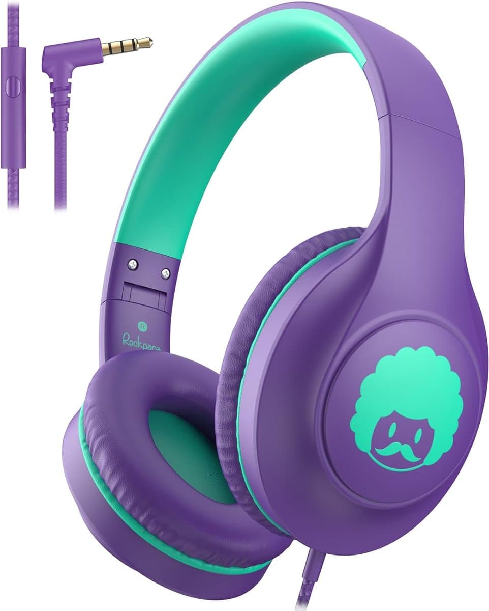 StayPowered Kinder Koptelefoon - Comfortabel en Duurzaam Ontwerp - HD Microfoon - Opvouwbaar Ontwerp - Rijke Stereo Bass - Verwikkelingvrij Nylon Kabel - Verstelbare Pasvorm - Universele 3,5 mm Jack - Paars/Groen - Levering Sneller dan Aangegeven! — afbeelding 1