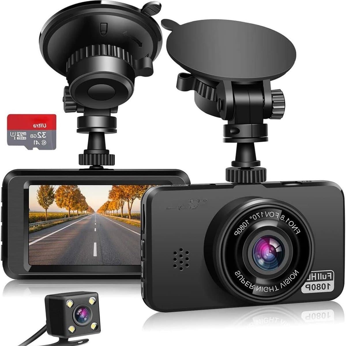 Dual Dashcam - Dashcam Voor Auto 1080p Full HD - Voor en Achter Camera incl. 32GB SD-kaart – Auto Camera - Met Loopopname en G-sensor – LCD Scherm — afbeelding 1