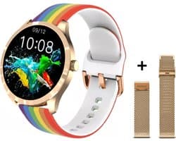 Belesy® BQSiRgRb PLUS - Smartwatch Dames – Smartwatch Heren - Horloge - 1.28 inch - Kleurenscherm - Stappenteller - Bloeddruk - Hartslag - 75+ Wijzerplaten – Sporten – Rose Goud – Milanees staal - Siliconen - Regenboog - Kerstcadeau
