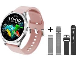 Belesy® BQSiRgPk Pro - Smartwatch Dames – Smartwatch Heren - Horloge - 1.28 inch - Kleurenscherm - Stappenteller - Bloeddruk - Hartslag - 75+ Wijzerplaten – Zilver – Siliconen – Roze – extra polsband Milanees Zilver extra polsband Zwart - Kerstcadeau