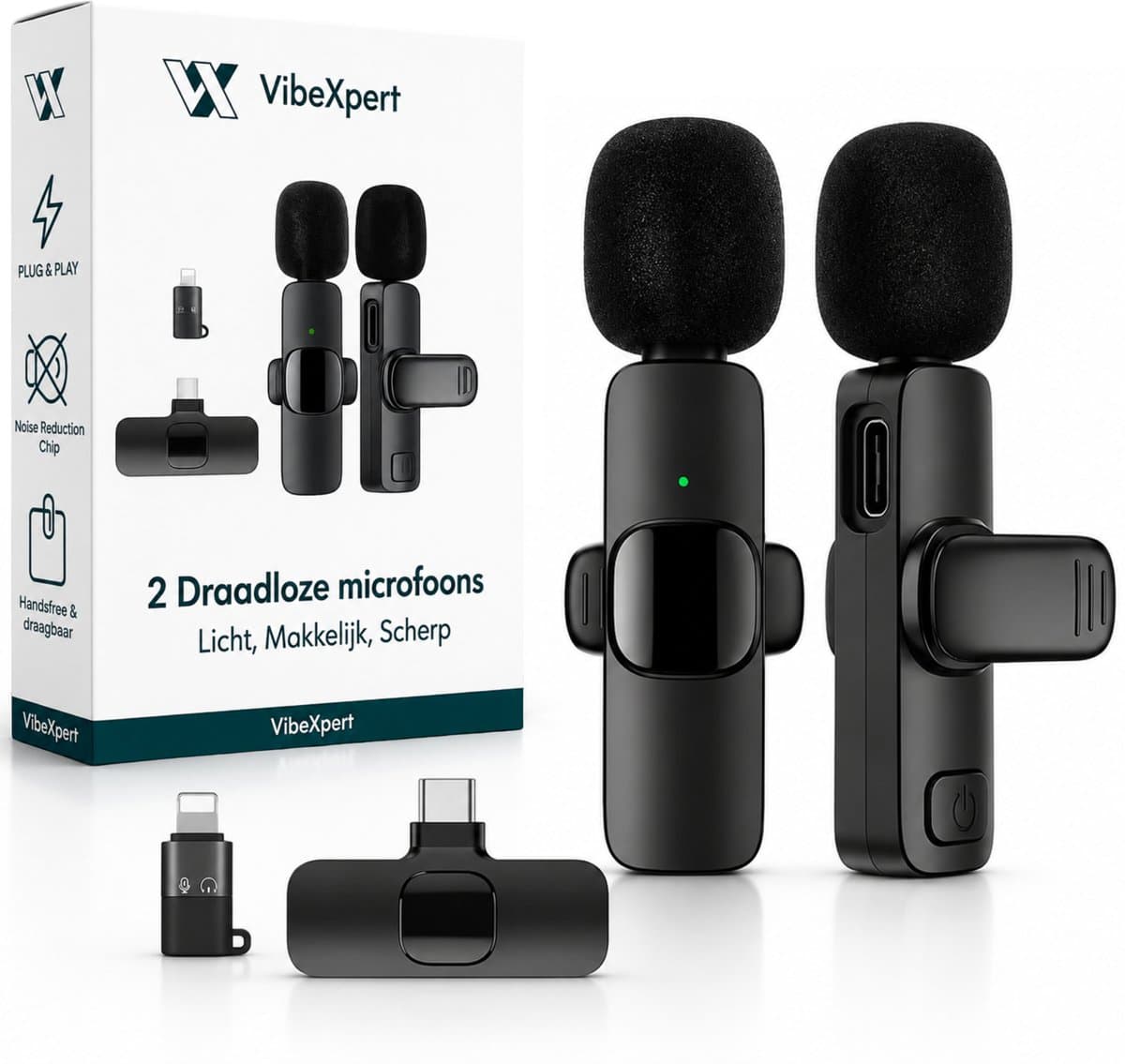 VibeXpert Draadloze Microfoon 2 Stuks - Dasspeld Microfoon - Geschikt voor USB-C & Apple Lightning - Lavalier Microfoon - Plug & Play - Voor iPhone, Android, Vloggen, Interview & Podcast — afbeelding 1