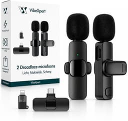 VibeXpert Draadloze Microfoon 2 Stuks - Dasspeld Microfoon - Geschikt voor USB-C & Apple Lightning - Lavalier Microfoon - Plug & Play - Voor iPhone, Android, Vloggen, Interview & Podcast — thumbnail 1