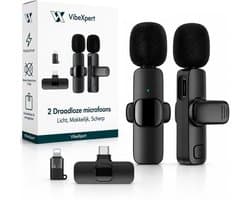 VibeXpert Draadloze Microfoon 2 Stuks - Dasspeld Microfoon - Geschikt voor USB-C & Apple Lightning - Lavalier Microfoon - Plug & Play - Voor iPhone, Android, Vloggen, Interview & Podcast