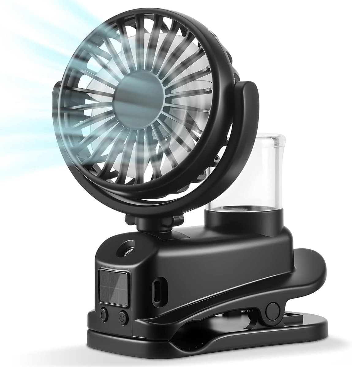 Draagbare Mini-Ventilator met Klem en Led-Display - 4 Snelheden, USB-Oplaadbaar, Reisaccessoires voor Buiten, Kantoor en Camping (Zwart) — afbeelding 1