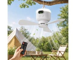 MUPOO Draadloze Plafondventilator camper met LED lamp & Afstandsbediening - 8000mAh Oplaadbaar - 4 Snelheden -Timer -Stille Motor & Afneembare Bladen - Ø27cm - Voor Camping, Tent, Caravan, Slaapkamer, Tuin, RV & Overkapping — afbeelding 1
