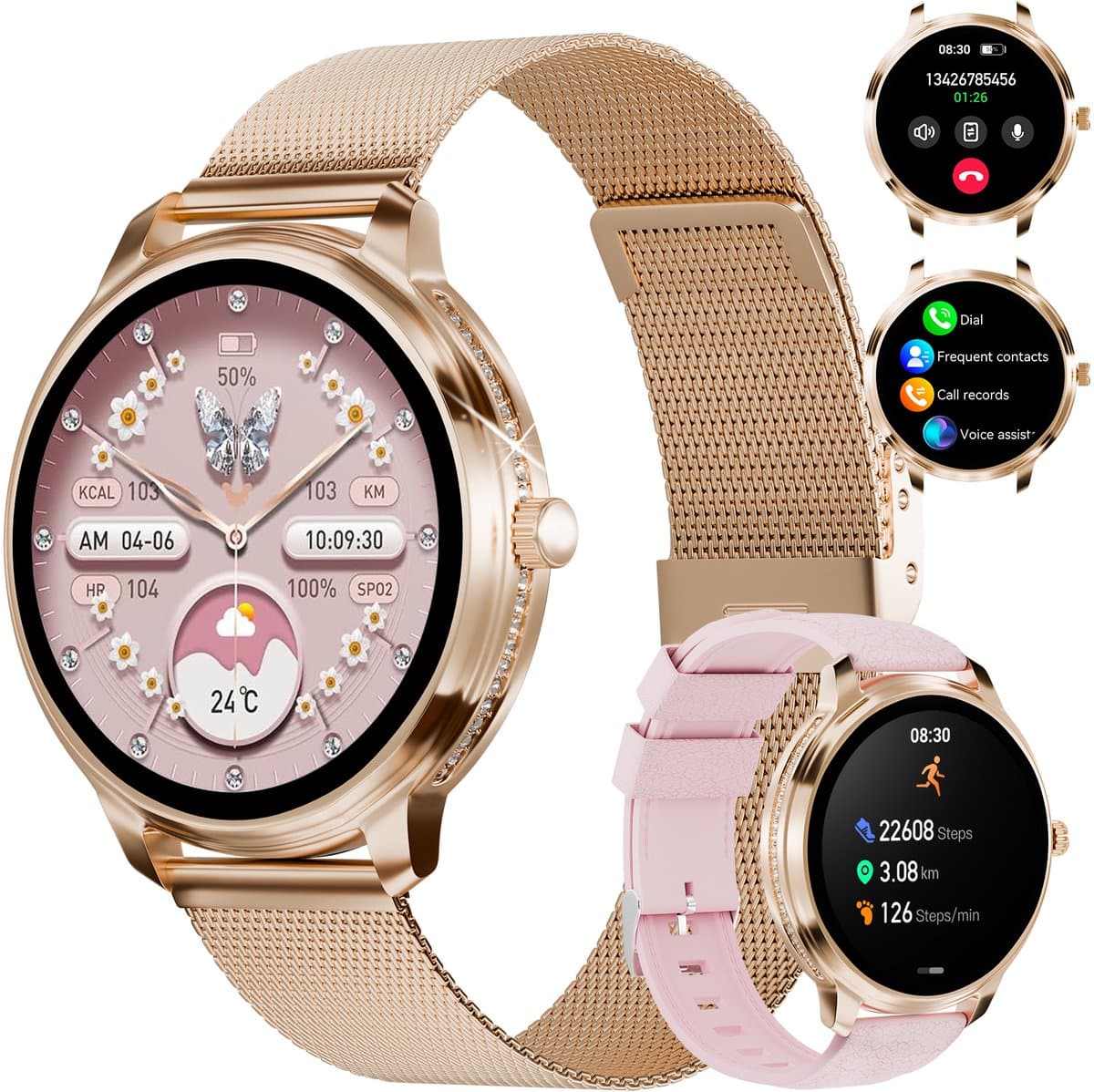 RAYOFI - Dames smartwatch - 1,19 inch sporthorloge - Ondersteunt bellen via Bluetooth, IP68 waterbestendigheid, hartslagmeting en zuurstofsaturatiemeting - Compatibel met meer dan 120 sportmodi - Beschikbaar voor Android en iOS - Roségoud — afbeelding 1