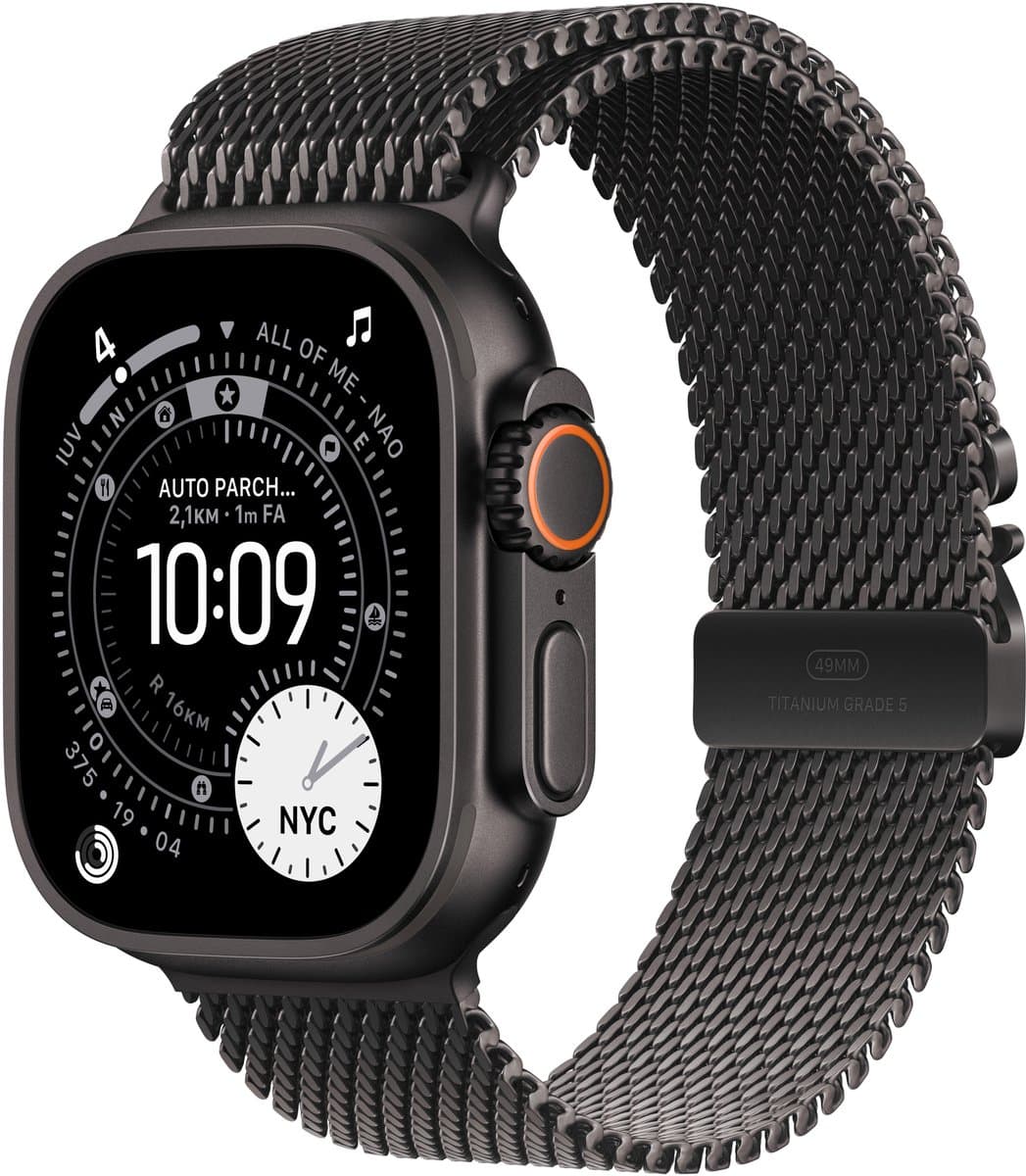 Apple Watch Ultra 3 Cellular 49mm Black Titanium Case with Black Titanium Milanese Loop - Large — afbeelding 1