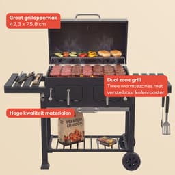 KitchenBrothers Houtskool BBQ XL - Dual Zone Smoker Barbecue - Met Verstelbare Kolenroosters & Inklapbare Zijtafels - PFAS-vrij - 42,3x75,8cm Grilloppervlak - Zwart — thumbnail 3