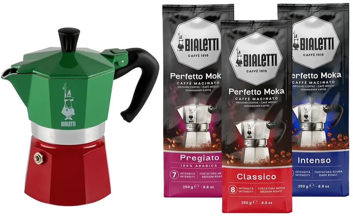 Bialetti Moka Express Italia 6 kops + Bialetti koffiepakket 3x250gr — afbeelding 1