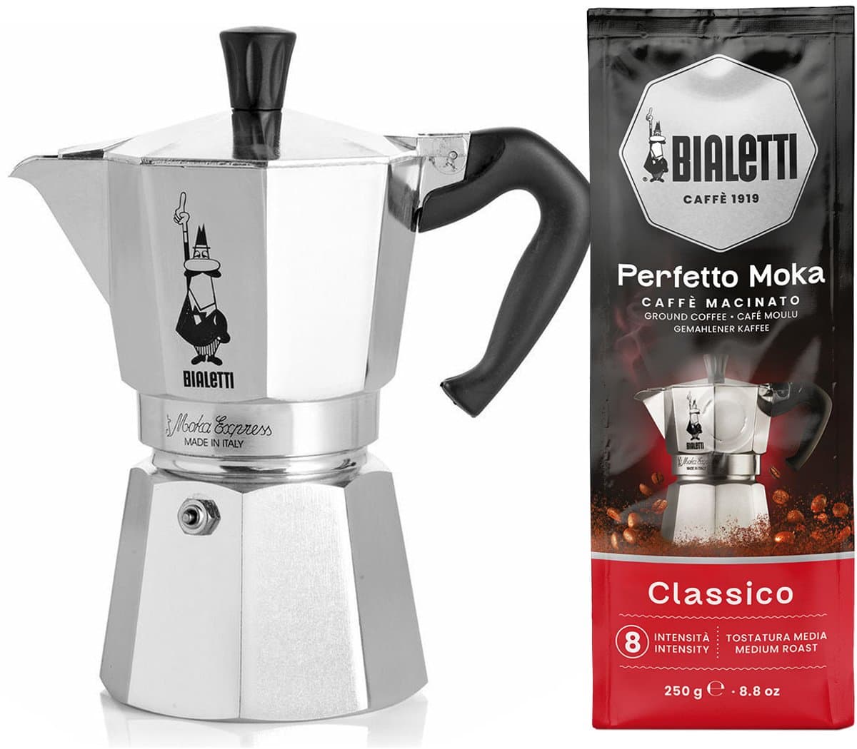 Bialetti Moka Express 6 kops + Bialetti Classico gemalen koffie 250gr — afbeelding 1